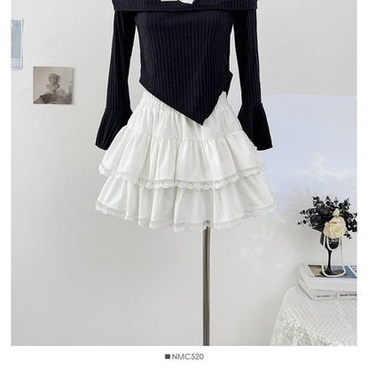 Tiered Lace Trim Mini A-Line Skirt Elastic Waist