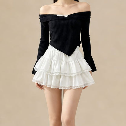 Tiered Lace Trim Mini A-Line Skirt Elastic Waist