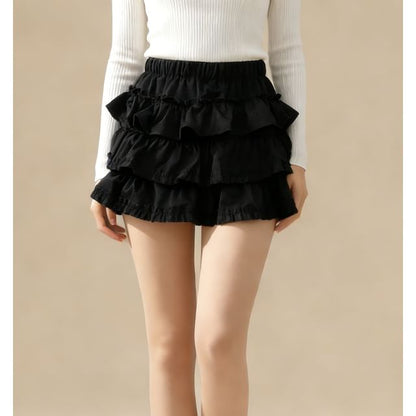 High Waist Ruffle Mini A-Line Skirt Plain