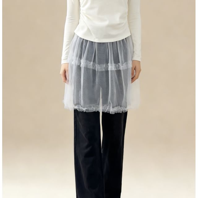Mesh A-Line Skirt with Elastic Waist and Ruffled Hem