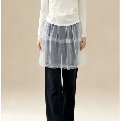 Mesh A-Line Skirt with Elastic Waist and Ruffled Hem