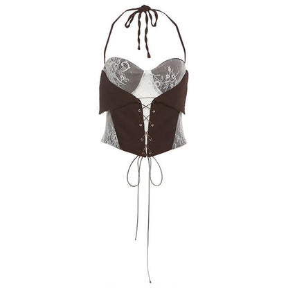 Halter Neck Lace Panel Crop Camisole Top / Mid Waist Asymmetric Mini Pleated Skirt