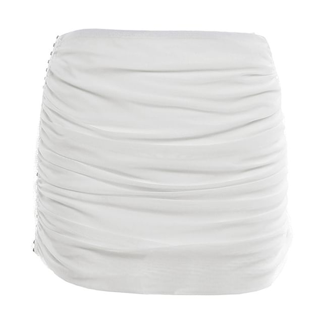 Halter Cowl Neck Open-Back Crop Camisole Top / Mid Waist Ruched Mini Skirt