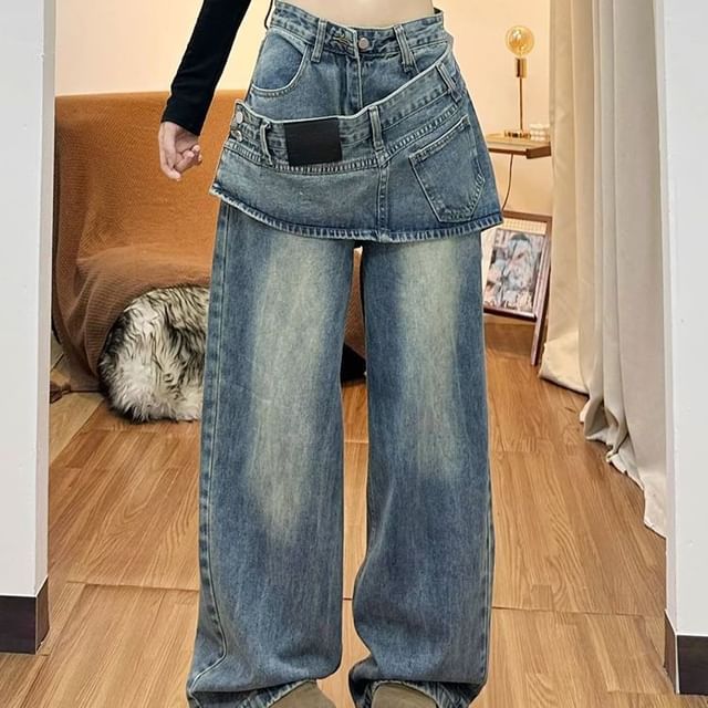 Low Rise Asymmetrical Skirt Overlay Wide Leg Jeans