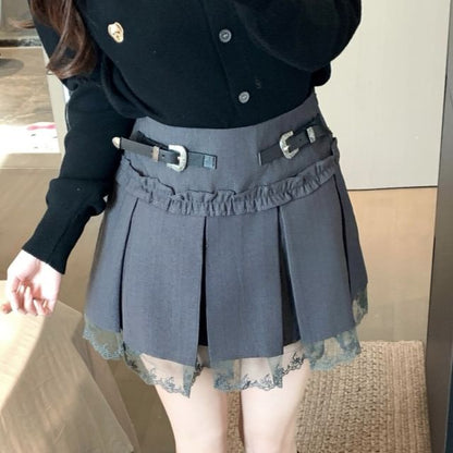 High Rise Lace Panel Frill Trim Pleated Mini A-Line Skirt