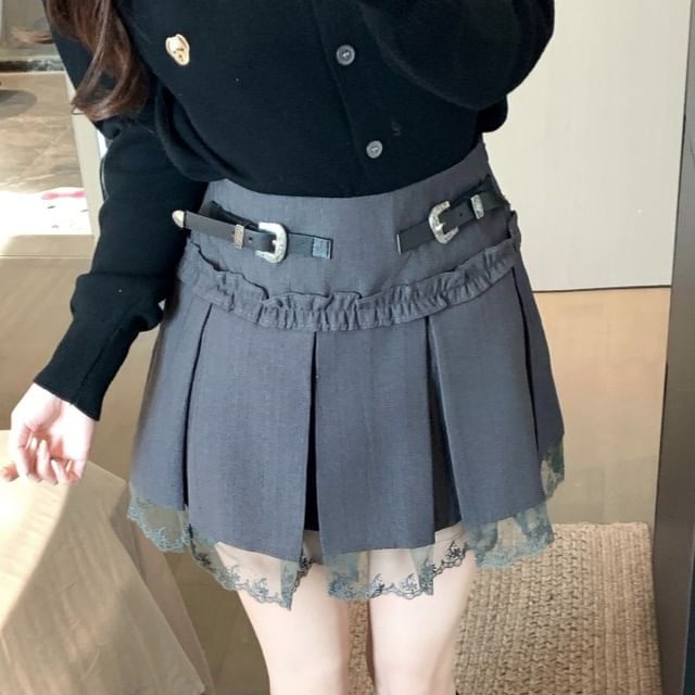 High Rise Lace Panel Frill Trim Pleated Mini A-Line Skirt