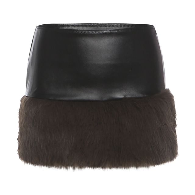 Strapless Faux Fur Panel Plain Crop Top / Mid Rise Mini Skirt