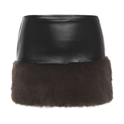 Strapless Faux Fur Panel Plain Crop Top / Mid Rise Mini Skirt