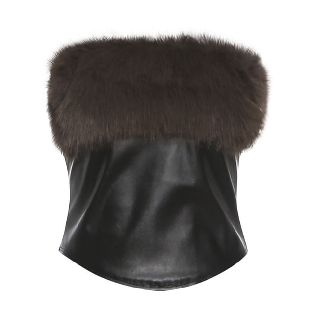 Strapless Faux Fur Panel Plain Crop Top / Mid Rise Mini Skirt
