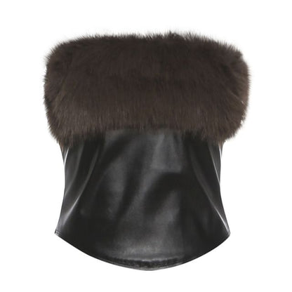 Strapless Faux Fur Panel Plain Crop Top / Mid Rise Mini Skirt