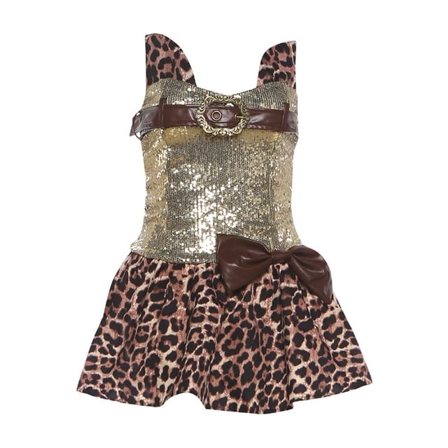 Sleeveless Leopard Print Mini A-Line Dress / Sequined Hot Pants / Layered Skirt