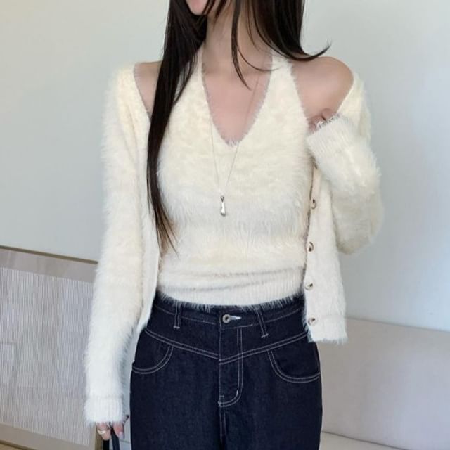 Fluffy Cardigan and Halter Top Set