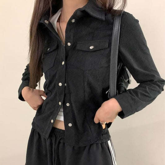 Corduroy Button-Up Blouse with Collar and Long Sleeves