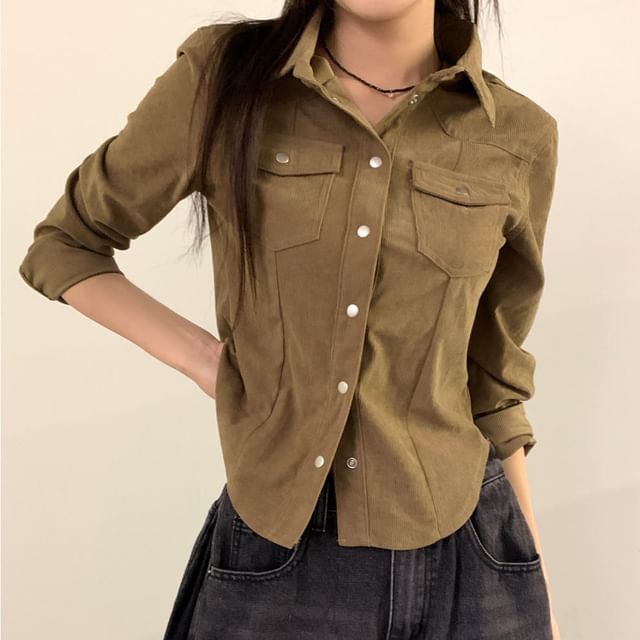 Corduroy Button-Up Blouse with Collar and Long Sleeves