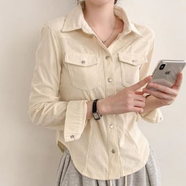 Corduroy Button-Up Blouse with Collar and Long Sleeves