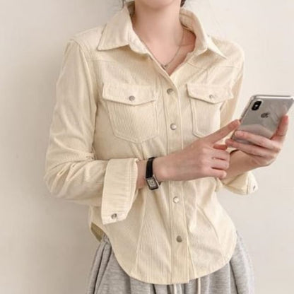 Corduroy Button-Up Blouse with Collar and Long Sleeves