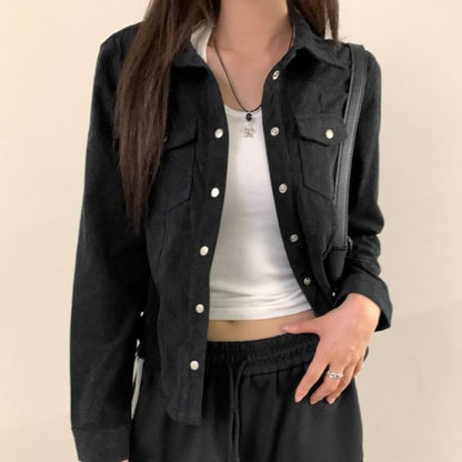 Corduroy Button-Up Blouse with Collar and Long Sleeves