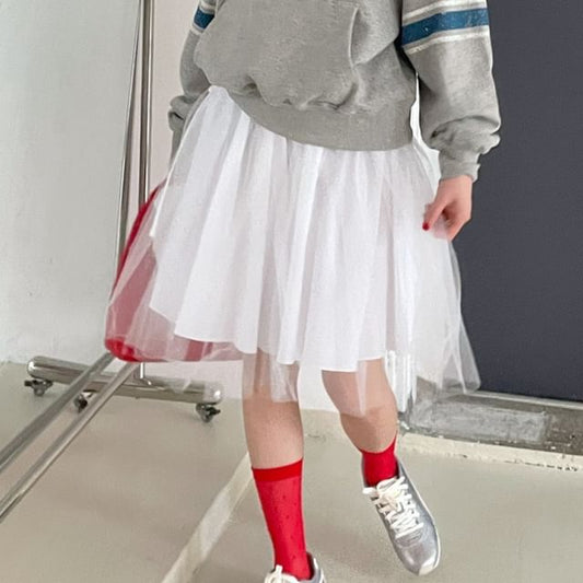 Elastic Waist Plain Mesh A-Line Skirt