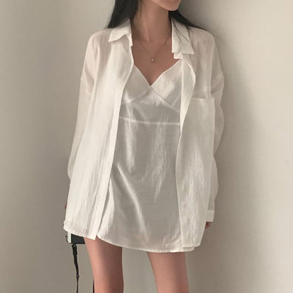 Set: Spaghetti Strap Tunic with V-Neck and Long-Sleeve Shirt
