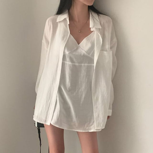 Set: Spaghetti Strap Tunic with V-Neck and Long-Sleeve Shirt