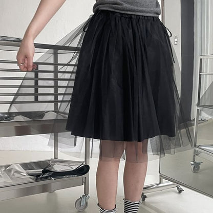 Elastic Waist Plain Mesh A-Line Skirt