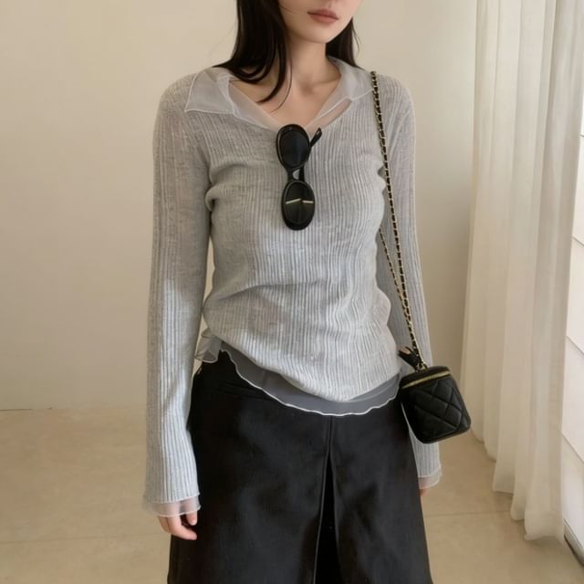 Ribbed Knit Top with Mesh Ruffle and V-Neck Long Sleeves