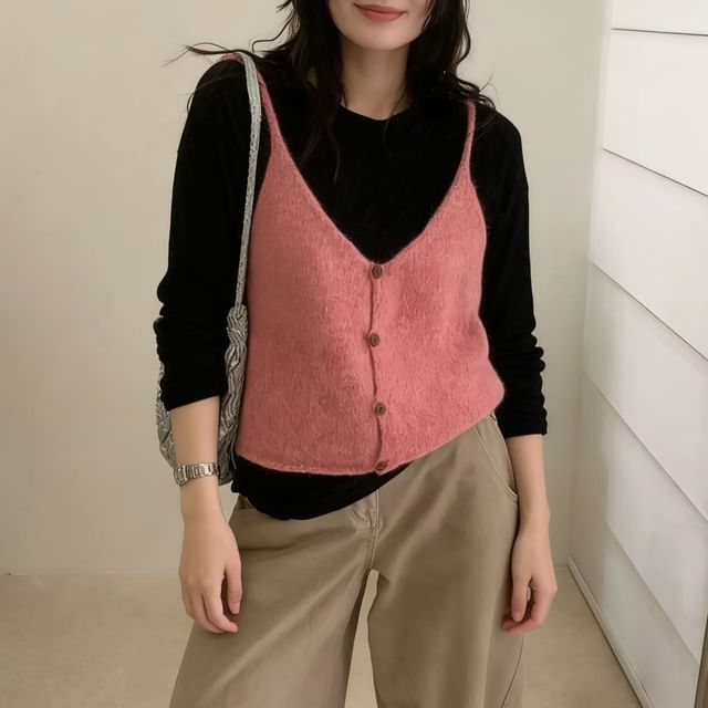 Button-Up Crop Knit Camisole with V-Neck and Solid Color