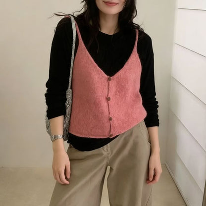 Button-Up Crop Knit Camisole with V-Neck and Solid Color