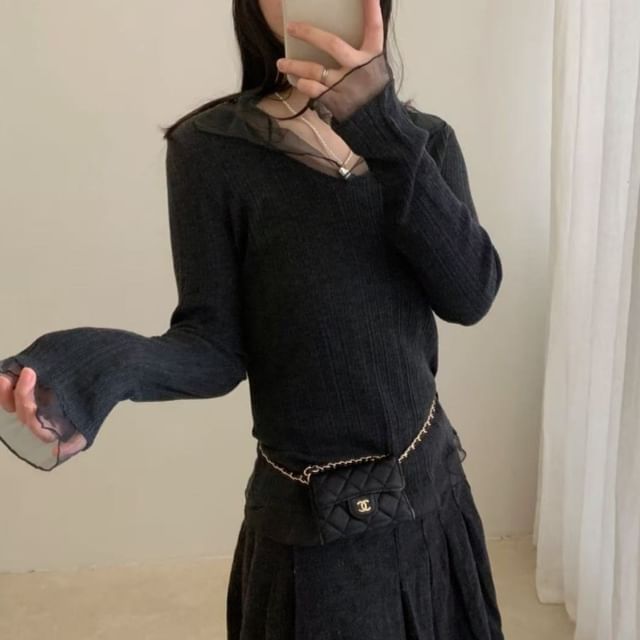 Ribbed Knit Top with Mesh Ruffle and V-Neck Long Sleeves