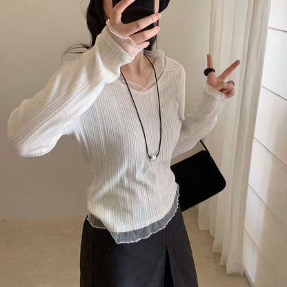 Ribbed Knit Top with Mesh Ruffle and V-Neck Long Sleeves