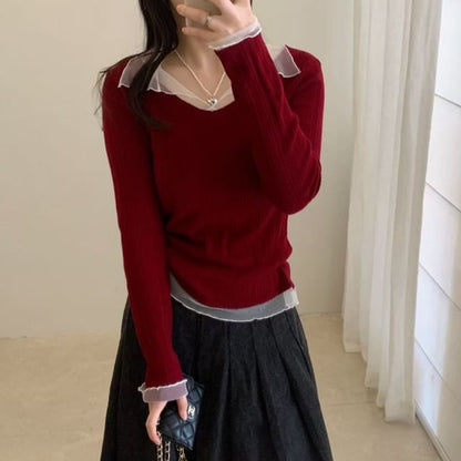 Ribbed Knit Top with Mesh Ruffle and V-Neck Long Sleeves