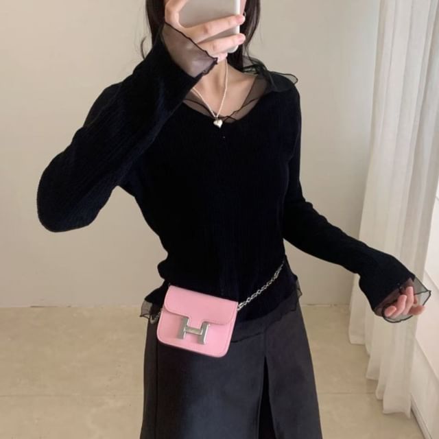 Ribbed Knit Top with Mesh Ruffle and V-Neck Long Sleeves