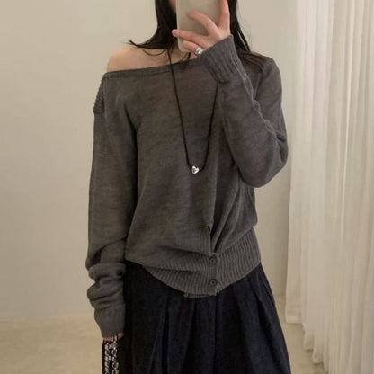 Asymmetrical Boat Neck Knit Top with Long Sleeves
