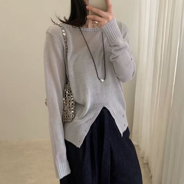 Asymmetrical Boat Neck Knit Top with Long Sleeves