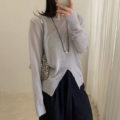 Asymmetrical Boat Neck Knit Top with Long Sleeves
