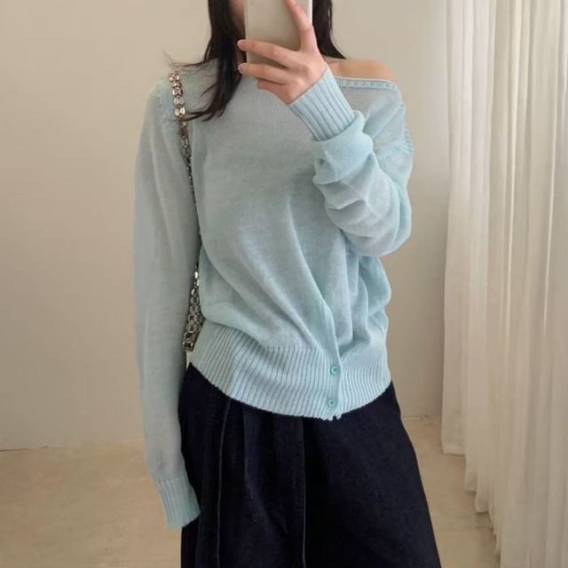 Asymmetrical Boat Neck Knit Top with Long Sleeves