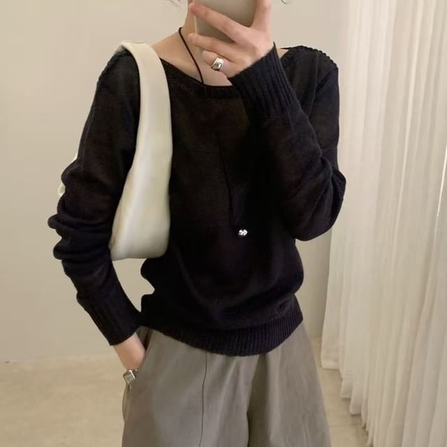 Asymmetrical Boat Neck Knit Top with Long Sleeves