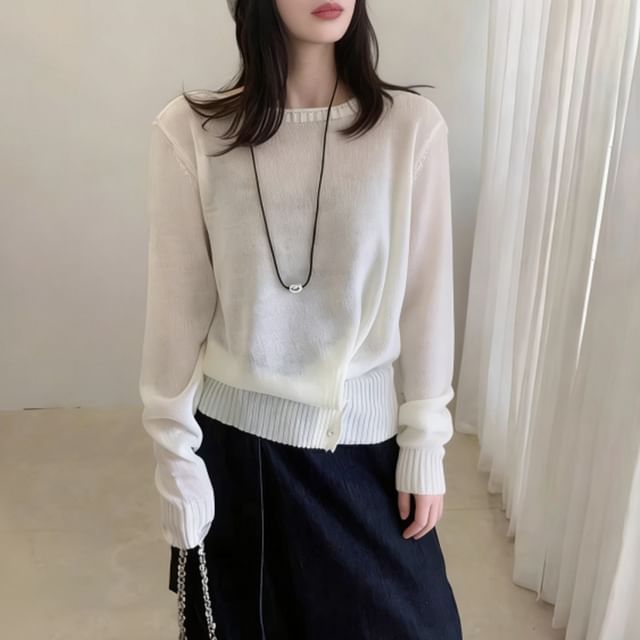 Asymmetrical Boat Neck Knit Top with Long Sleeves