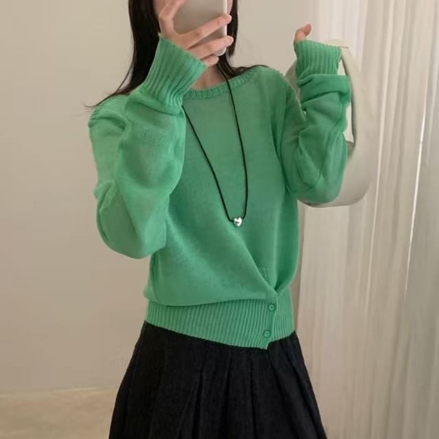 Asymmetrical Boat Neck Knit Top with Long Sleeves