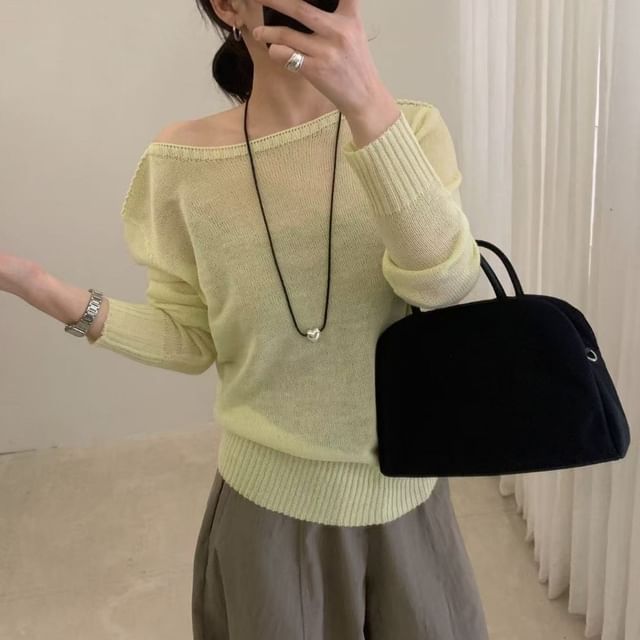 Asymmetrical Boat Neck Knit Top with Long Sleeves