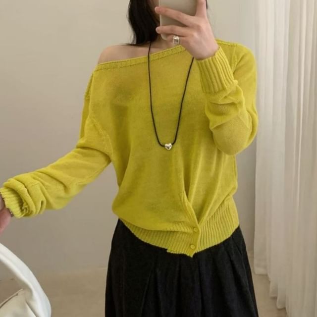 Asymmetrical Boat Neck Knit Top with Long Sleeves