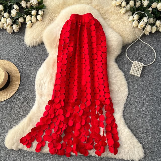 Elastic Waist Hollow Out Circle Fringe Maxi Skirt