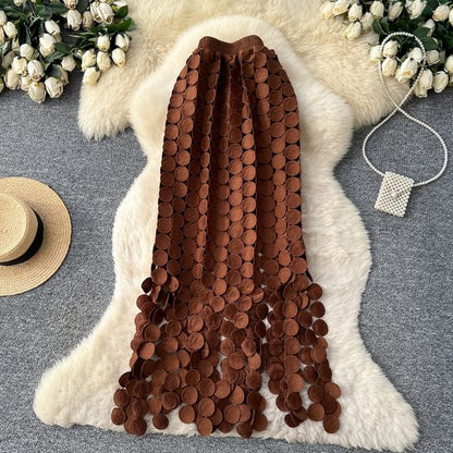 Elastic Waist Hollow Out Circle Fringe Maxi Skirt