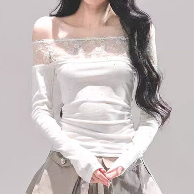 Rhinestone Lace Off-Shoulder Top