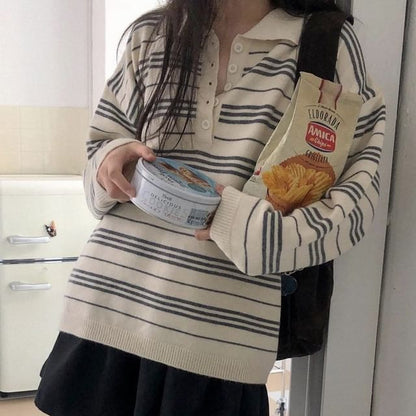 Striped Collared Sweater with Long Sleeves
