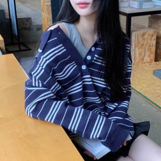 Striped Collared Sweater with Long Sleeves