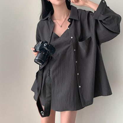 Set: Spaghetti Strap Tunic with V-Neck and Long-Sleeve Shirt