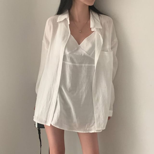 Set: Spaghetti Strap Tunic with V-Neck and Long-Sleeve Shirt