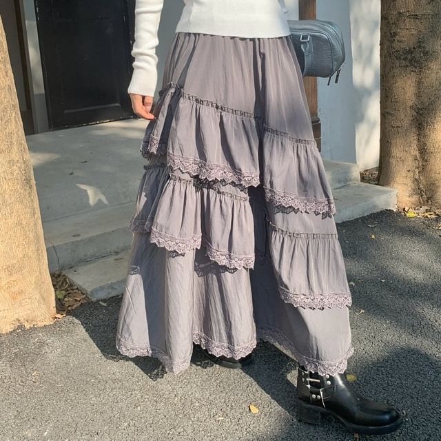 Cold Shoulder Tee with Asymmetric Lace Midi Skirt