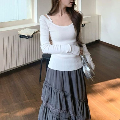 Cold Shoulder Tee with Asymmetric Lace Midi Skirt